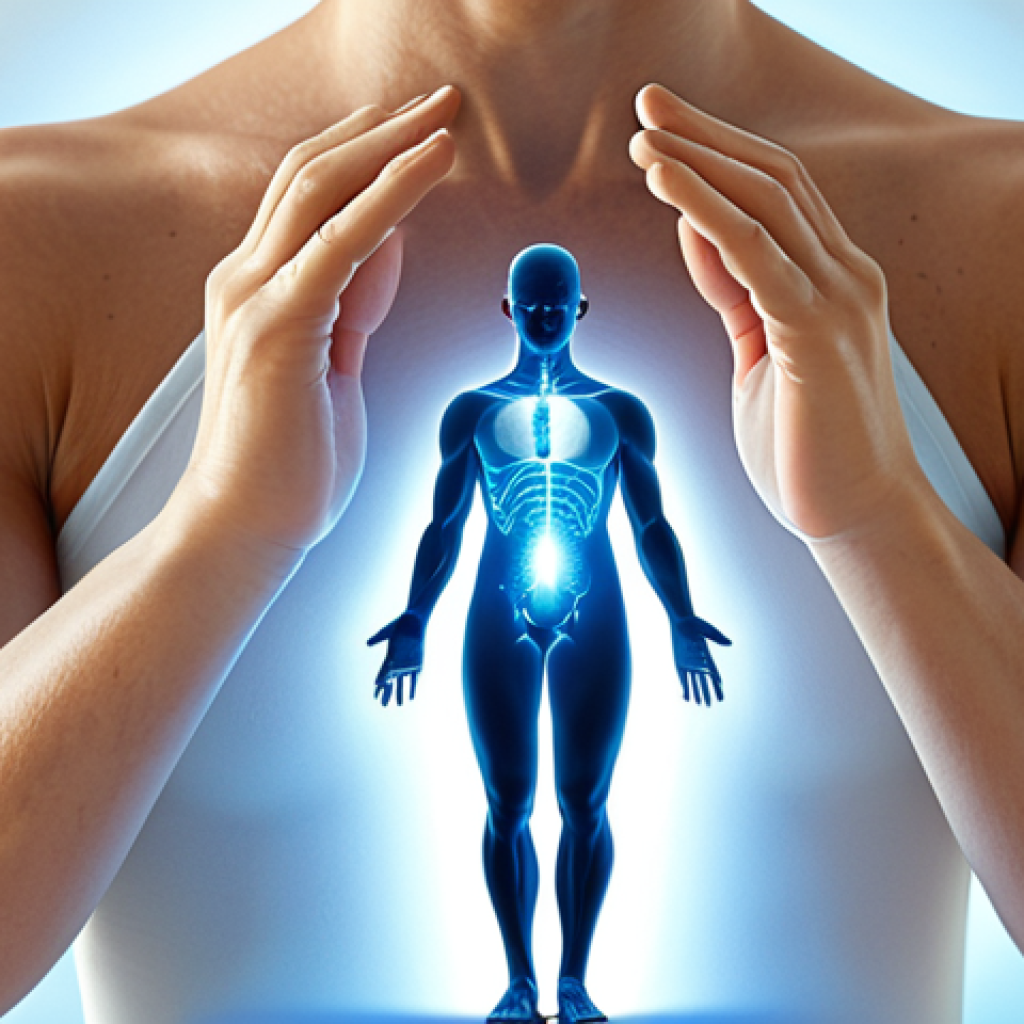 A professional, serene adult figure in modest, comfortable clothing, embodying a state of mental clarity and balance. The background features subtle, abstract, glowing pathways of light, gently flowing between the abdominal area and the head, symbolizing the intricate gut-brain axis and the orchestrating power of the microbiome. The scene is bright and airy, with soft, calming natural light. This image should convey inner harmony and vitality. Safe for work, appropriate content, fully clothed, perfect anatomy, correct proportions, natural pose, well-formed hands, proper finger count, natural body proportions, high-quality professional photography, conceptual art style.
