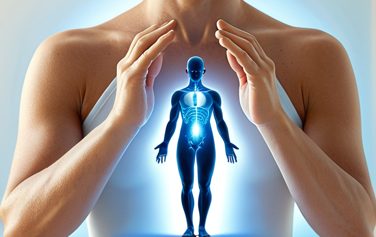 A professional, serene adult figure in modest, comfortable clothing, embodying a state of mental clarity and balance. The background features subtle, abstract, glowing pathways of light, gently flowing between the abdominal area and the head, symbolizing the intricate gut-brain axis and the orchestrating power of the microbiome. The scene is bright and airy, with soft, calming natural light. This image should convey inner harmony and vitality. Safe for work, appropriate content, fully clothed, perfect anatomy, correct proportions, natural pose, well-formed hands, proper finger count, natural body proportions, high-quality professional photography, conceptual art style.