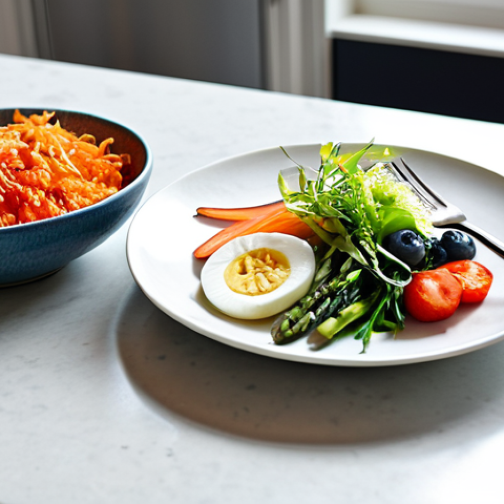 Diverse Plate with Gut-Healthy Foods**
"A colorful and inviting still life photograph of a diverse plate showcasing gut-healthy foods: yogurt with berries, kimchi, whole grains, asparagus, and a vibrant green salad. The setting is a brightly lit kitchen with a focus on fresh, natural ingredients. perfect anatomy, correct proportions, natural pose, safe for work, appropriate content, fully clothed, professional, high quality, well-formed hands, proper finger count, natural body proportions."
**
