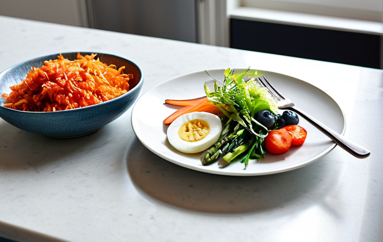 Diverse Plate with Gut-Healthy Foods**
"A colorful and inviting still life photograph of a diverse plate showcasing gut-healthy foods: yogurt with berries, kimchi, whole grains, asparagus, and a vibrant green salad. The setting is a brightly lit kitchen with a focus on fresh, natural ingredients. perfect anatomy, correct proportions, natural pose, safe for work, appropriate content, fully clothed, professional, high quality, well-formed hands, proper finger count, natural body proportions."
**