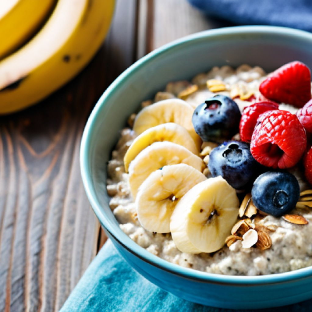 마이크로바이옴 개선을 위한 간단한 요리법 - Probiotic Oatmeal Breakfast**
"A bowl of overnight oats soaked in kefir, topped with sliced bananas...