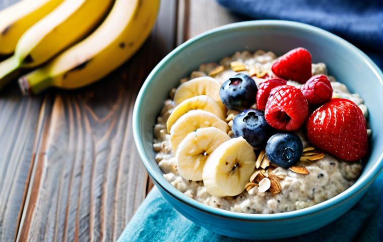 마이크로바이옴 개선을 위한 간단한 요리법 - Probiotic Oatmeal Breakfast**
"A bowl of overnight oats soaked in kefir, topped with sliced bananas...