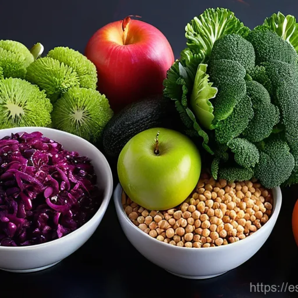 마이크로바이옴을 위한 고섬유 식단 - A close-up, highly detailed still life photograph showcasing an abundant and vibrant collection of f...