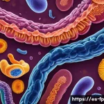 프로바이오틱스가 마이크로바이옴에 미치는 영향 - A vibrant, detailed scientific illustration of the human gut microbiome ecosystem inside the intesti...