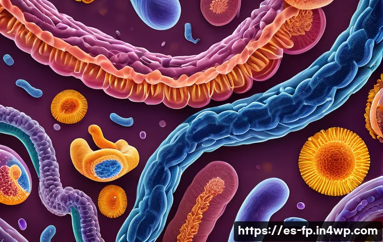 프로바이오틱스가 마이크로바이옴에 미치는 영향 - A vibrant, detailed scientific illustration of the human gut microbiome ecosystem inside the intesti...