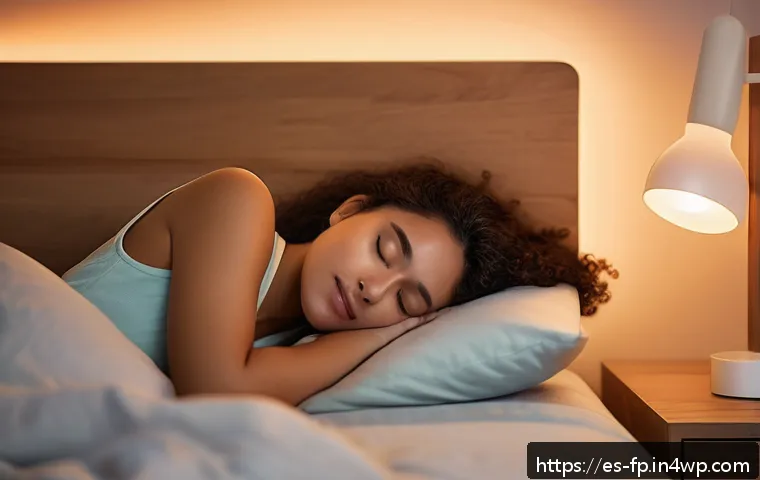 마이크로바이옴과 불면증의 상관관계 - A cozy, softly lit bedroom scene at night showing a young adult Hispanic woman peacefully sleeping, ...