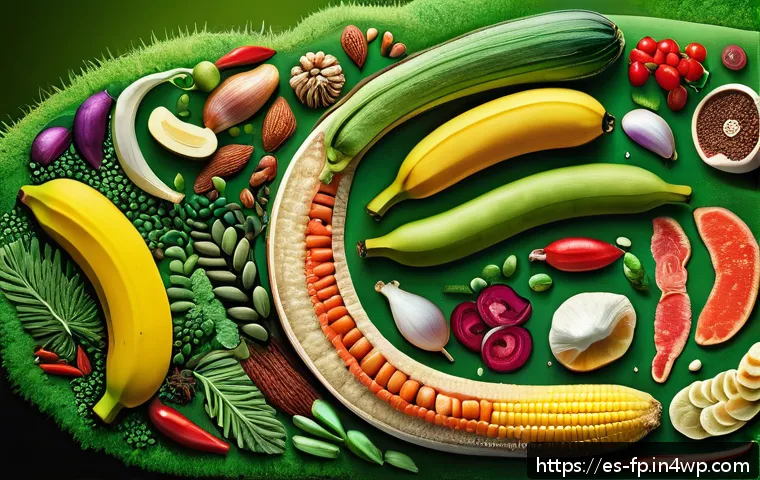마이크로바이옴과 건강한 소화의 비결 - A vibrant and colorful illustration of a balanced gut microbiome ecosystem inside a human digestive ...