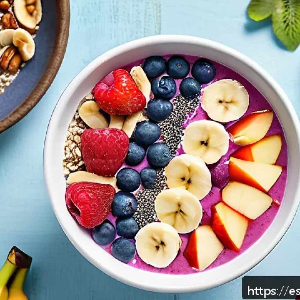 마이크로바이옴을 위한 간단한 스무디 레시피 - A vibrant smoothie bowl featuring a colorful blend of ripe bananas, fresh apples with skin, and asso...