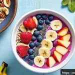 마이크로바이옴을 위한 간단한 스무디 레시피 - A vibrant smoothie bowl featuring a colorful blend of ripe bananas, fresh apples with skin, and asso...