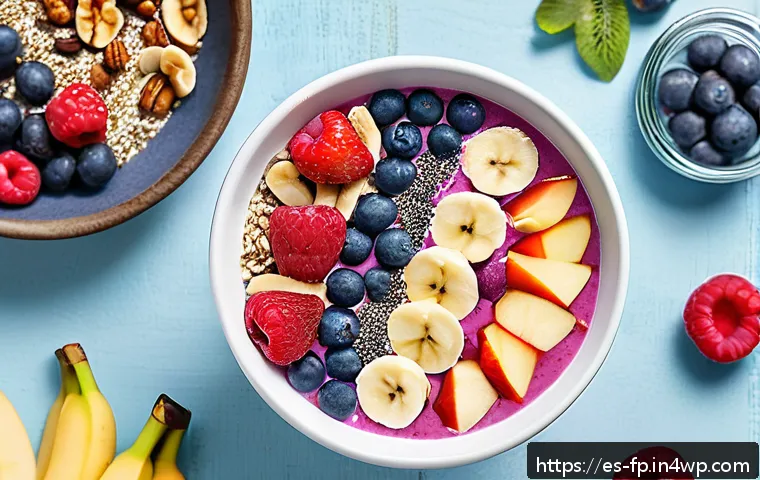 마이크로바이옴을 위한 간단한 스무디 레시피 - A vibrant smoothie bowl featuring a colorful blend of ripe bananas, fresh apples with skin, and asso...