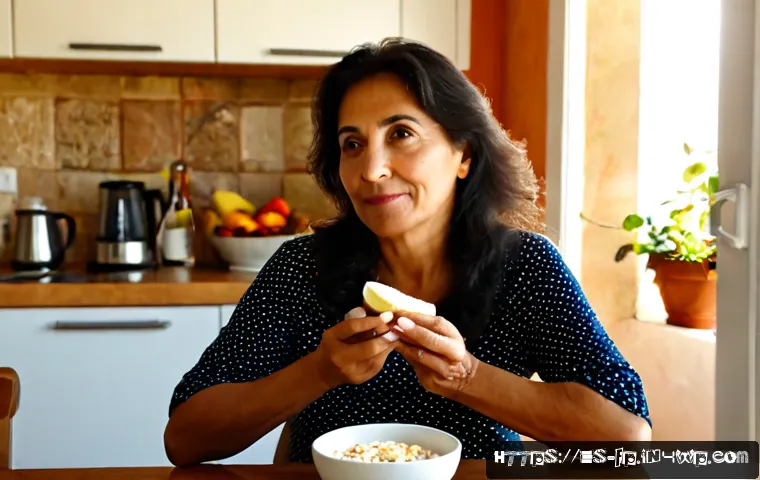 마이크로바이옴과 소화 불량의 관계 - Photorealistic lifestyle scene of a middle-aged Hispanic woman seated comfortably at a sunlit kitche...